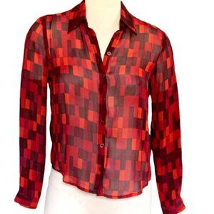 Jones New York Sheer Silk Button Up Blouse Sz 6 Burgundy Multicolor #27M